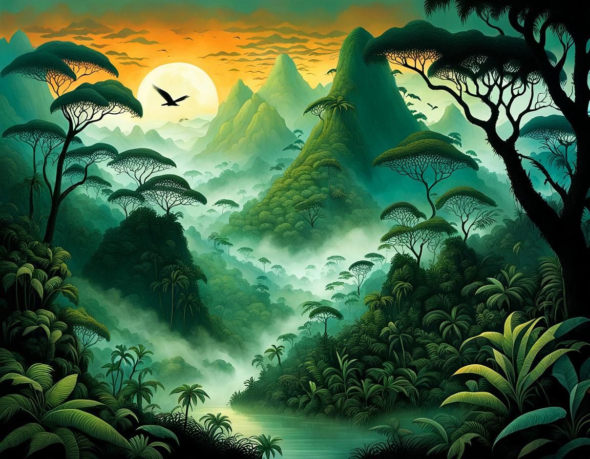 Tropical Rainforest Sunset: Mignola and Kehoe Style