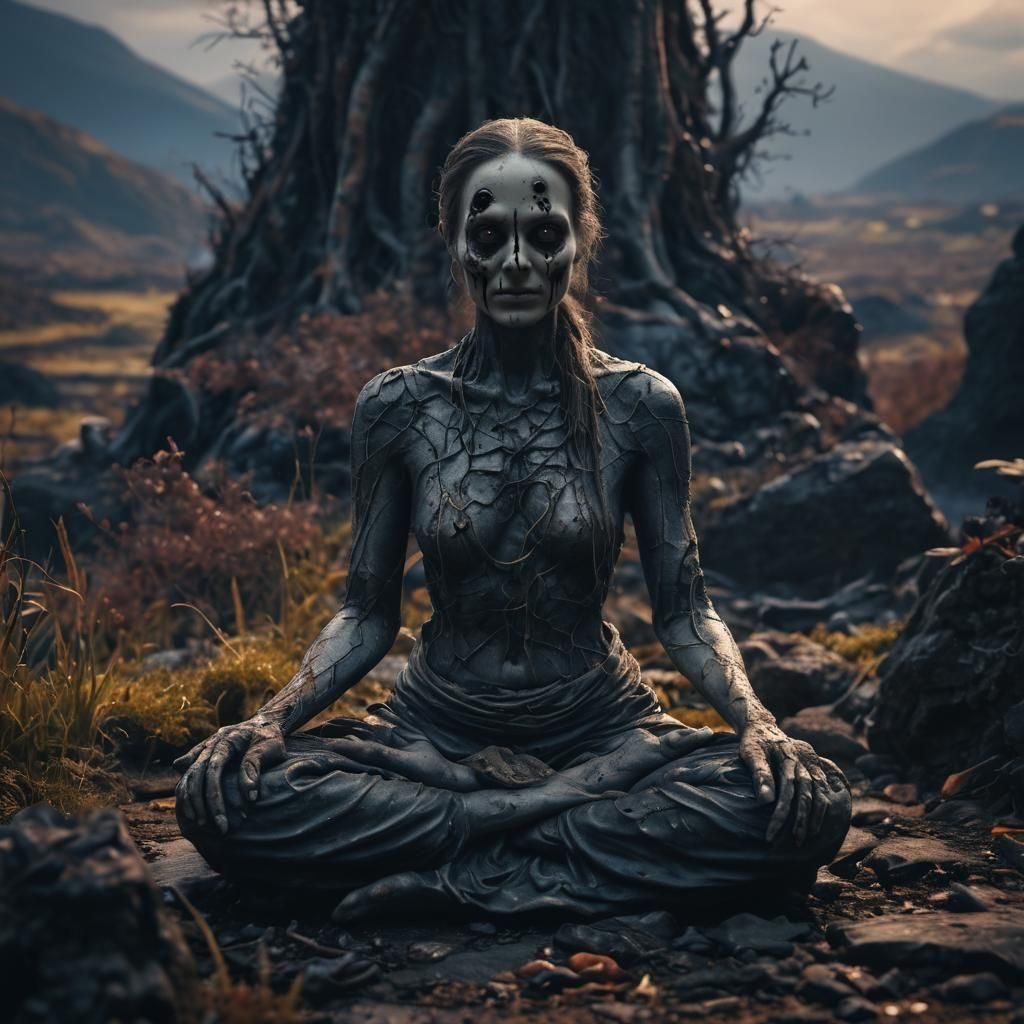 Meditating Eyeless Woman in Dark Fantasy Landscape