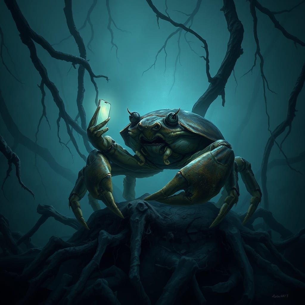 Crab in Eerie Mangrove Landscape, Phone Conversation Illumin...