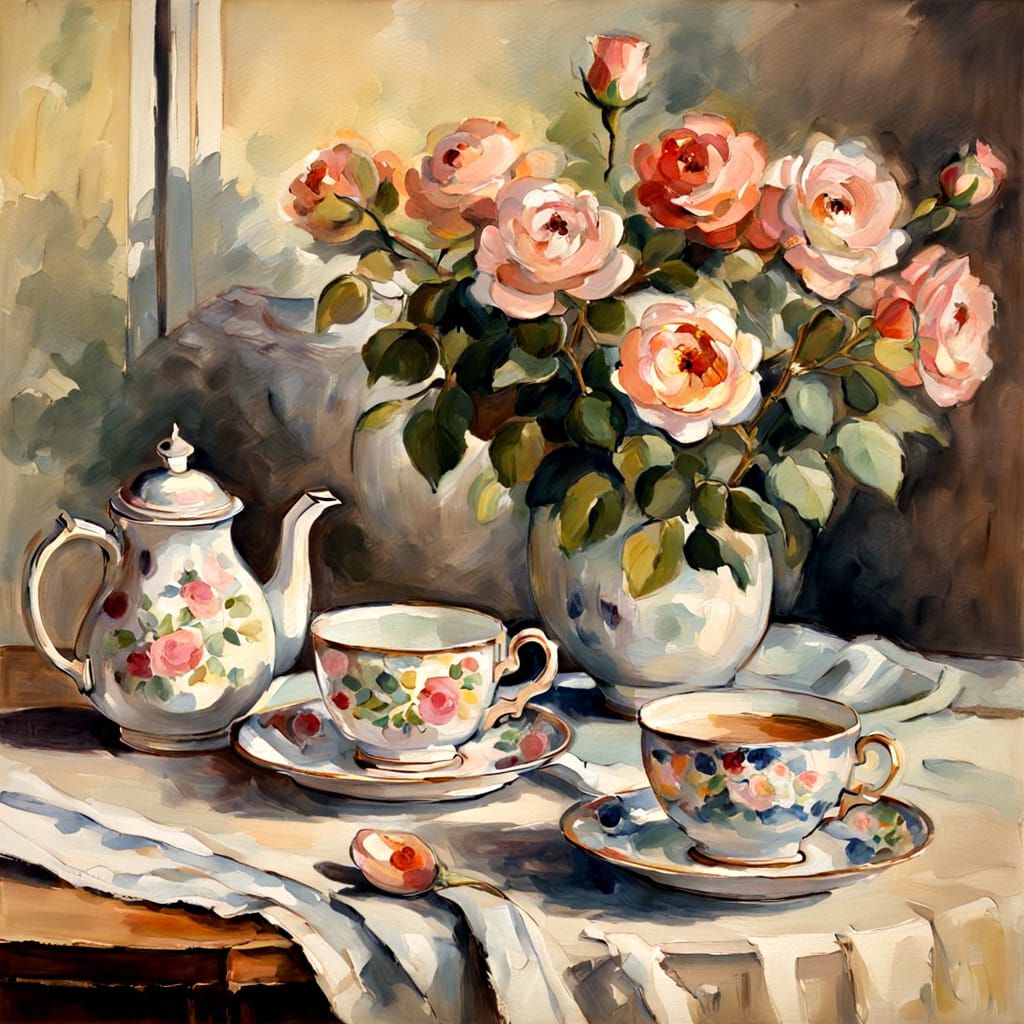 Impressionist Still Life: Teapot and Roses