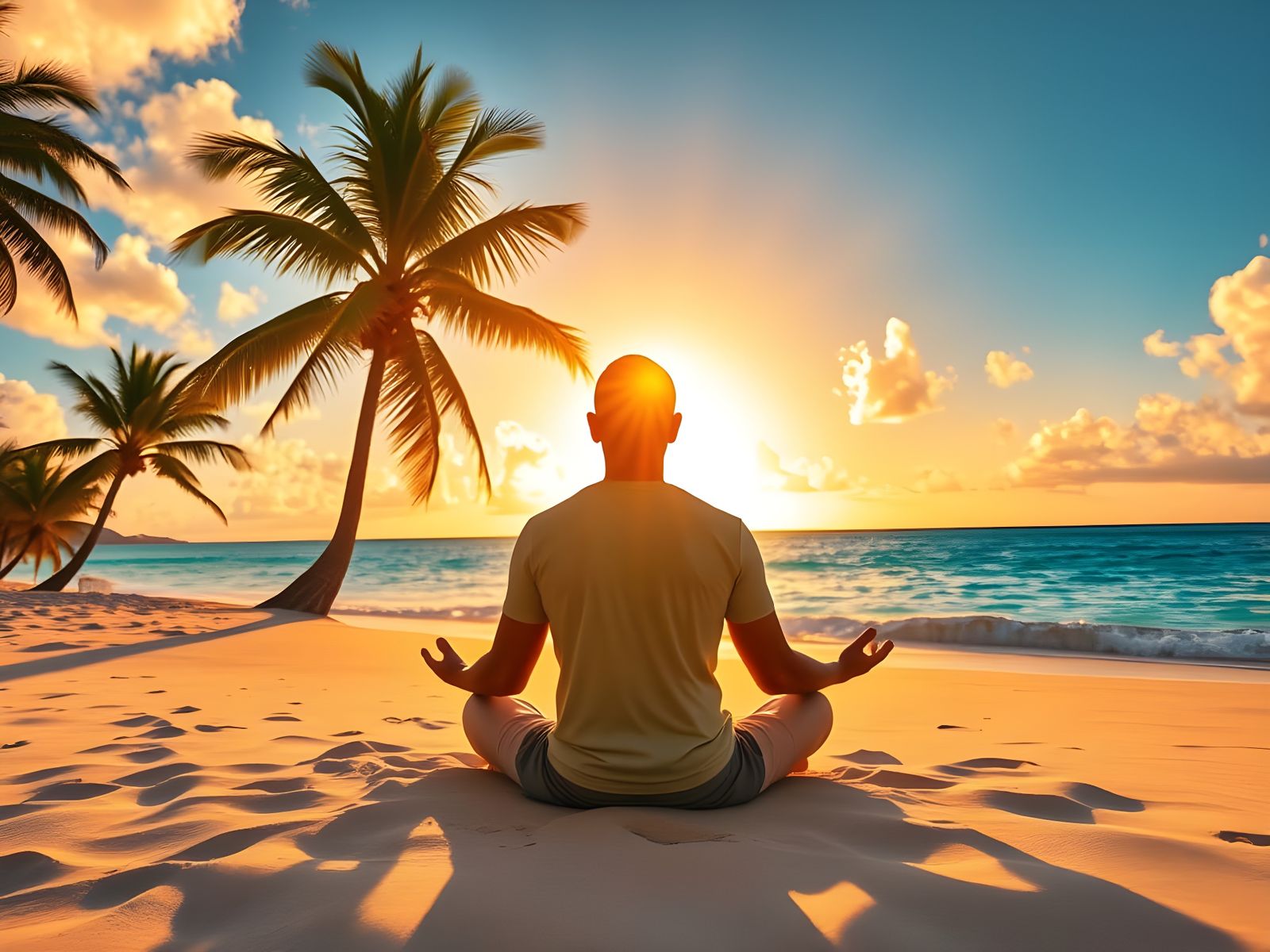 Man Meditating on Tropical Beach at Sunset
