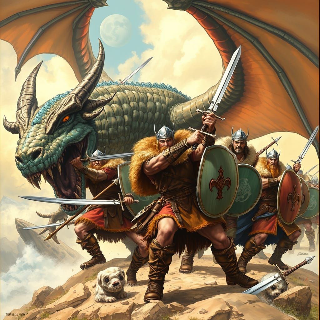 Viking Warriors Battle Dragon in Fantasy Art Style