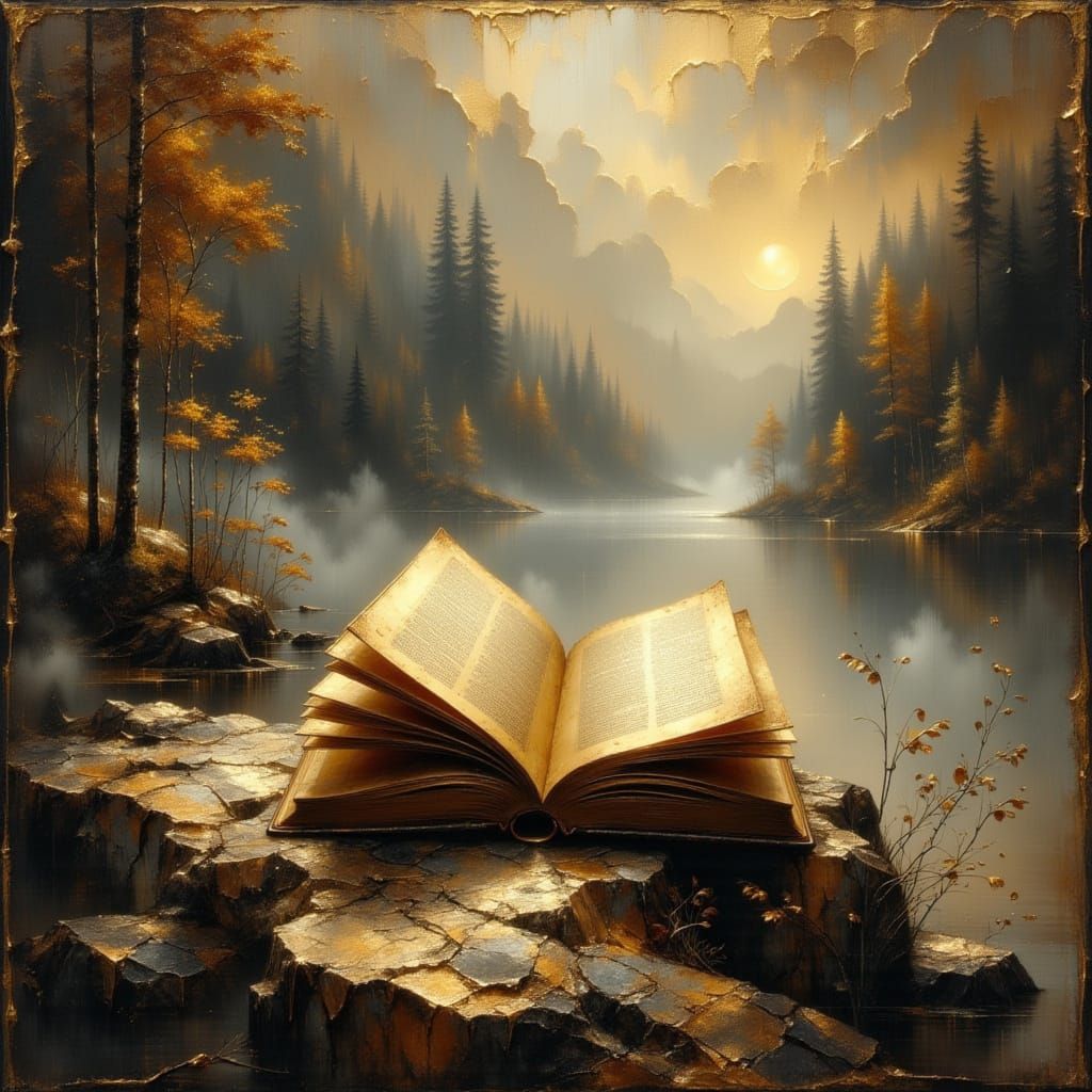 Open Book by Serene Lake in Abstract Romanticism Style