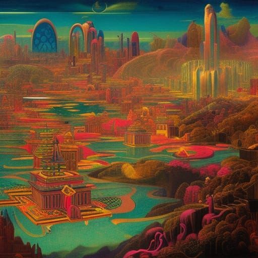 Shangri La in a Surreal Cyberpunk Style