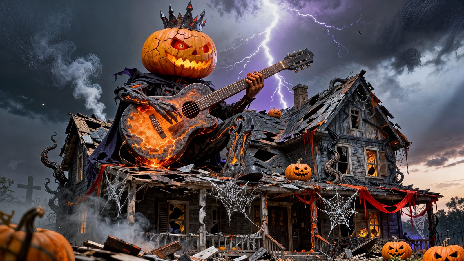 Evil Pumpkin God Shreds Guitar, Destroys Halloween House