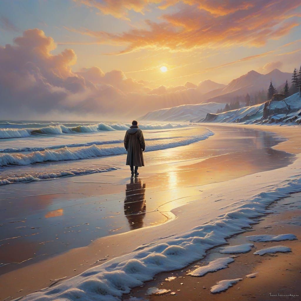 Winter Beach Scene in Vibrant Oil Paint Style