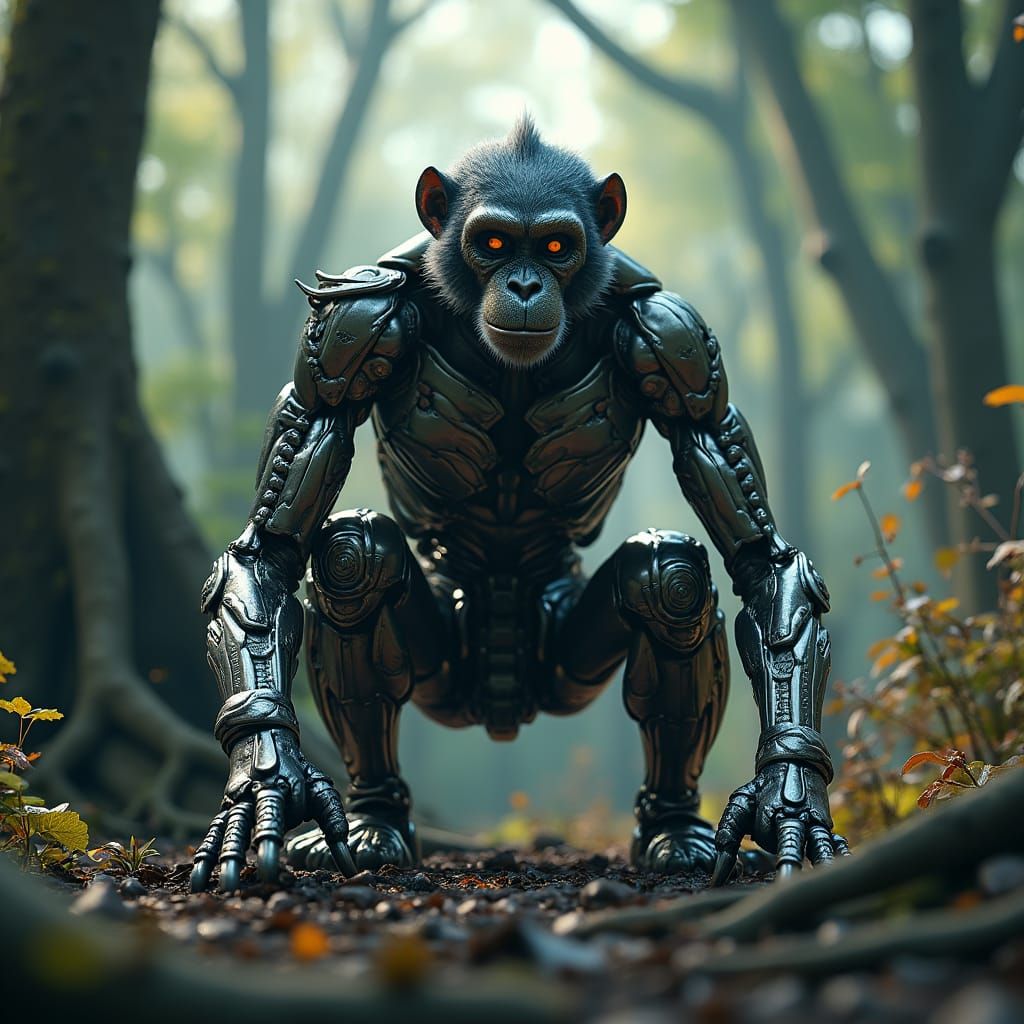 Futuristic Woodland Monkey in Metallic Mech Suit