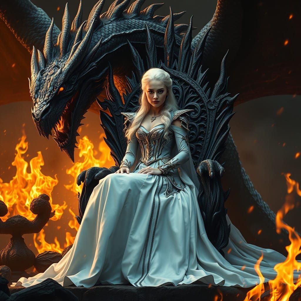 Elegant Queen on Iron Throne, Set Against Dark Fantasy Lands...