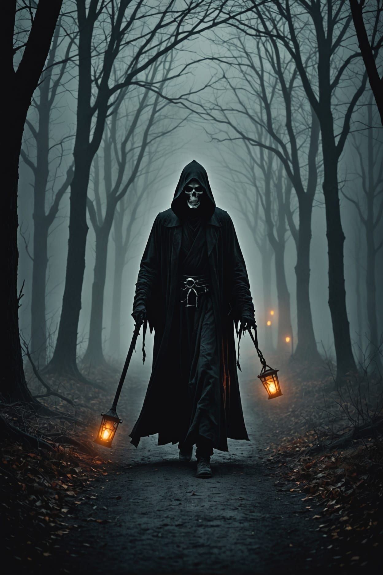 Grim Reaper on a Dark Foggy Path