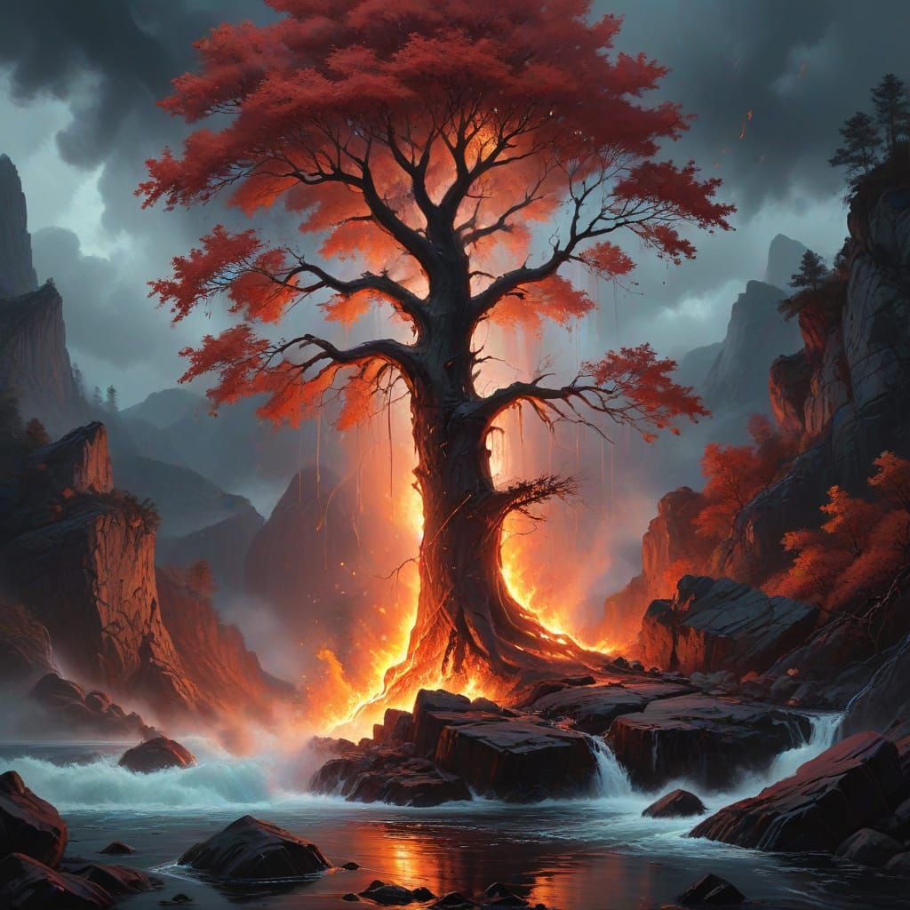 Majestic Tree Illuminated by Fiery Red Waterfall in Dark Oil...