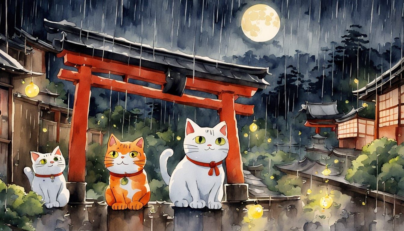 Whimsical Anime Girls Under Full Moonlight in Kyoto's Rainy ...