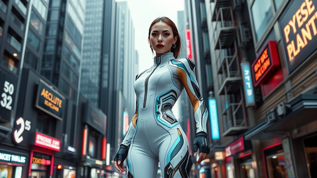 Futuristic Cyberpunk Woman in Neon-Lit Cityscape