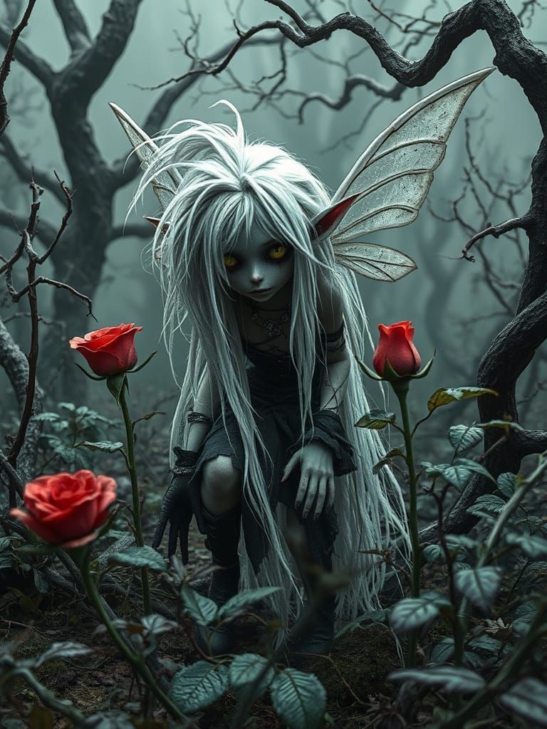 "digital painting, beautiful whimsical creepy gothic pixie, creeping, disheveled extremely long white hair with stray te...