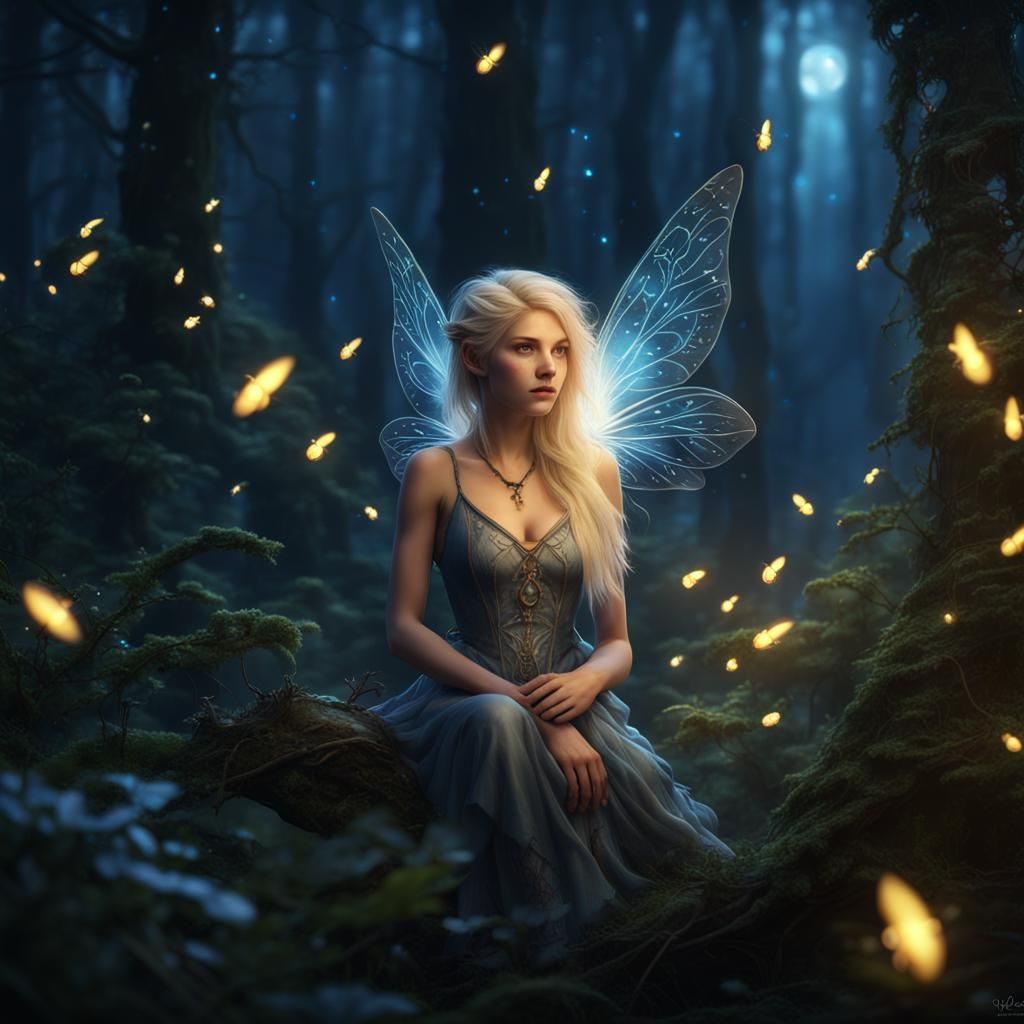 Blond Fairy in Enchanted Moonlit Forest