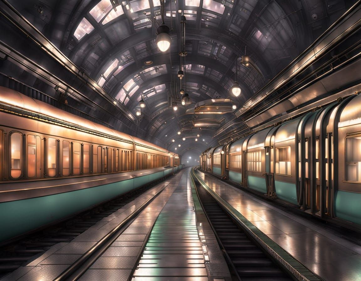 Retrofuturistic Steampunk Underground Train Station
