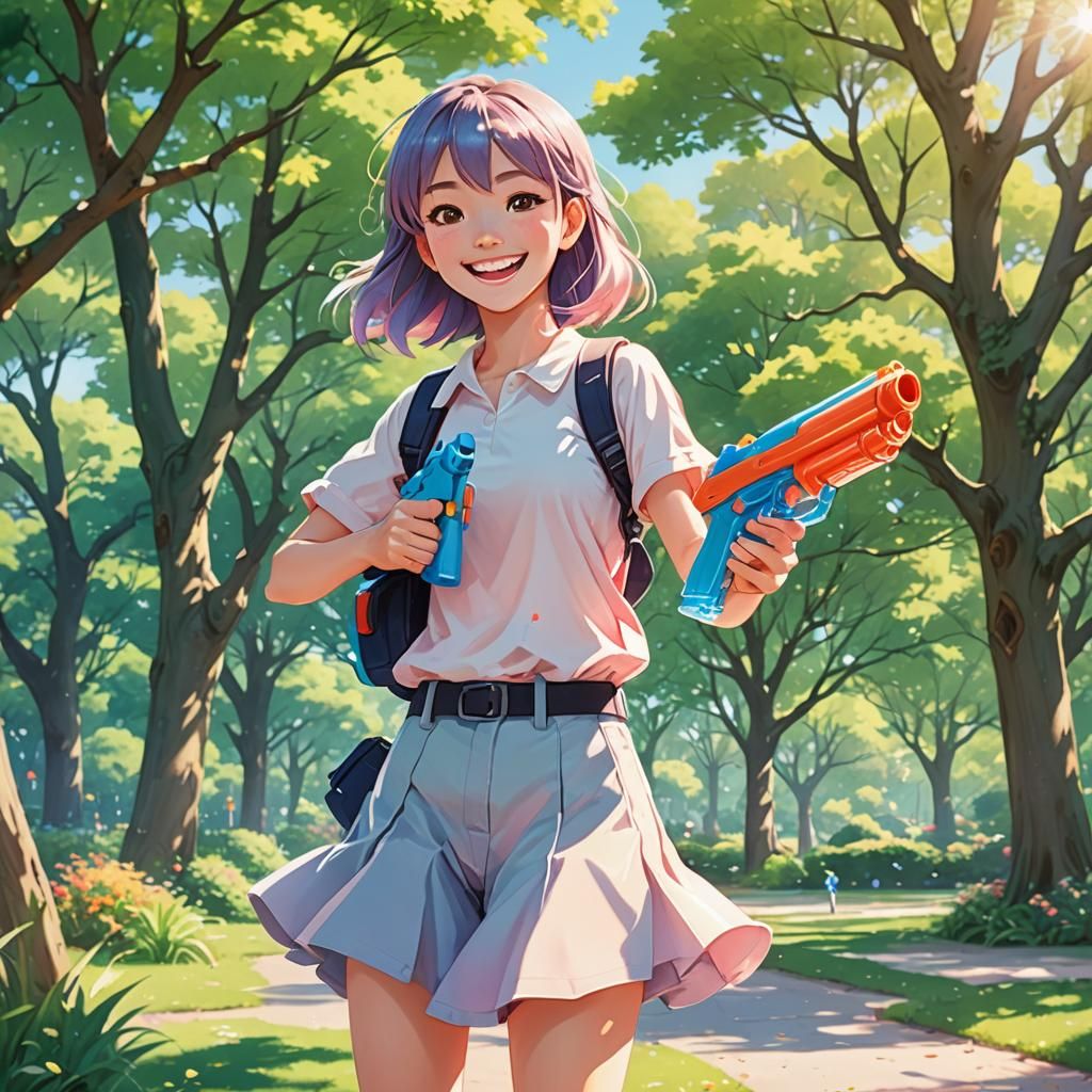 Anime Girl with Water Gun in Sunny Park