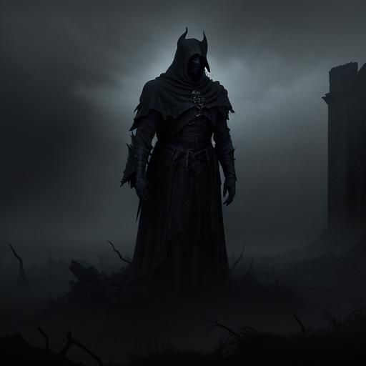 Sinister Figure in Ruined Castle: Dark Fantasy Art