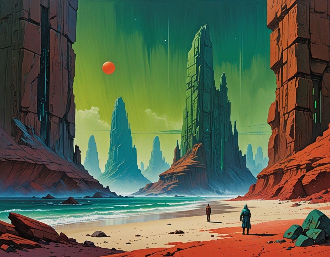 Desolate Planet Poster: Monoliths in Gouache Style