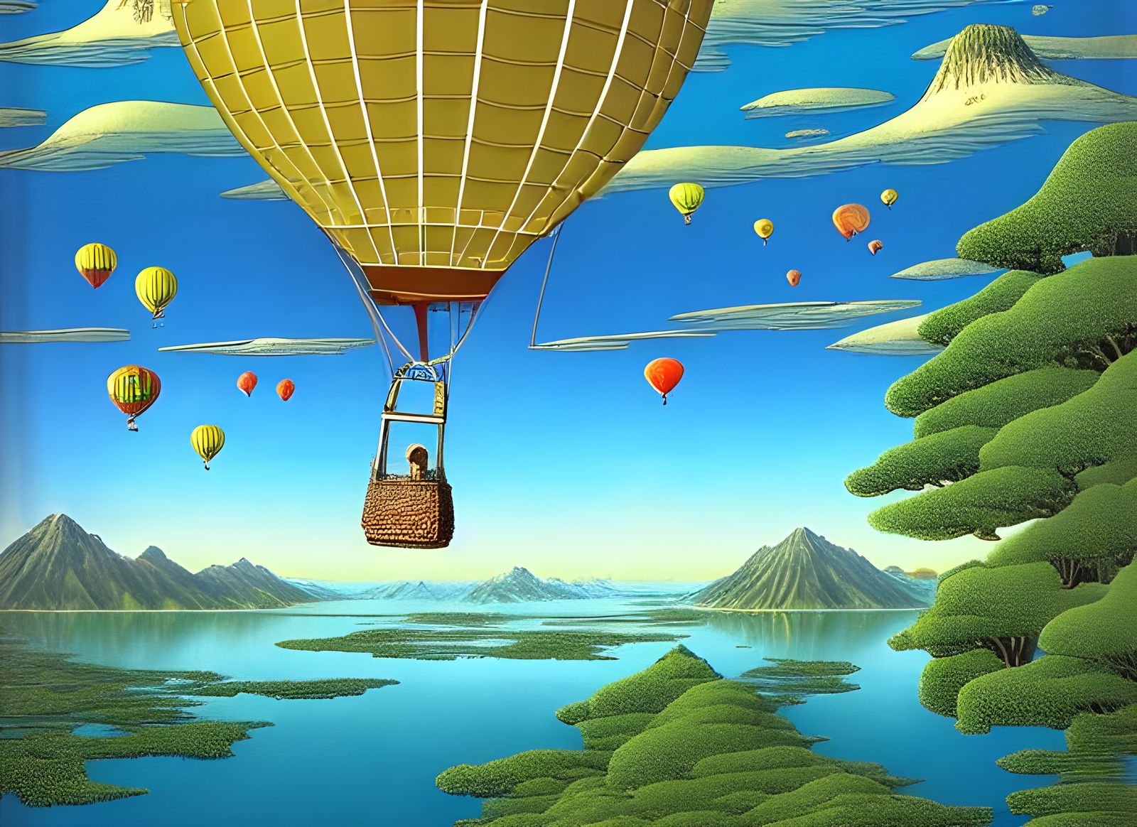 Surreal Hot Air Balloon Over Clear Lake