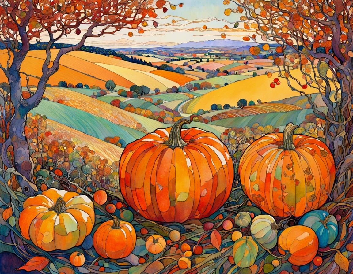 Intricate Autumn Harvest Scene in Watercolour