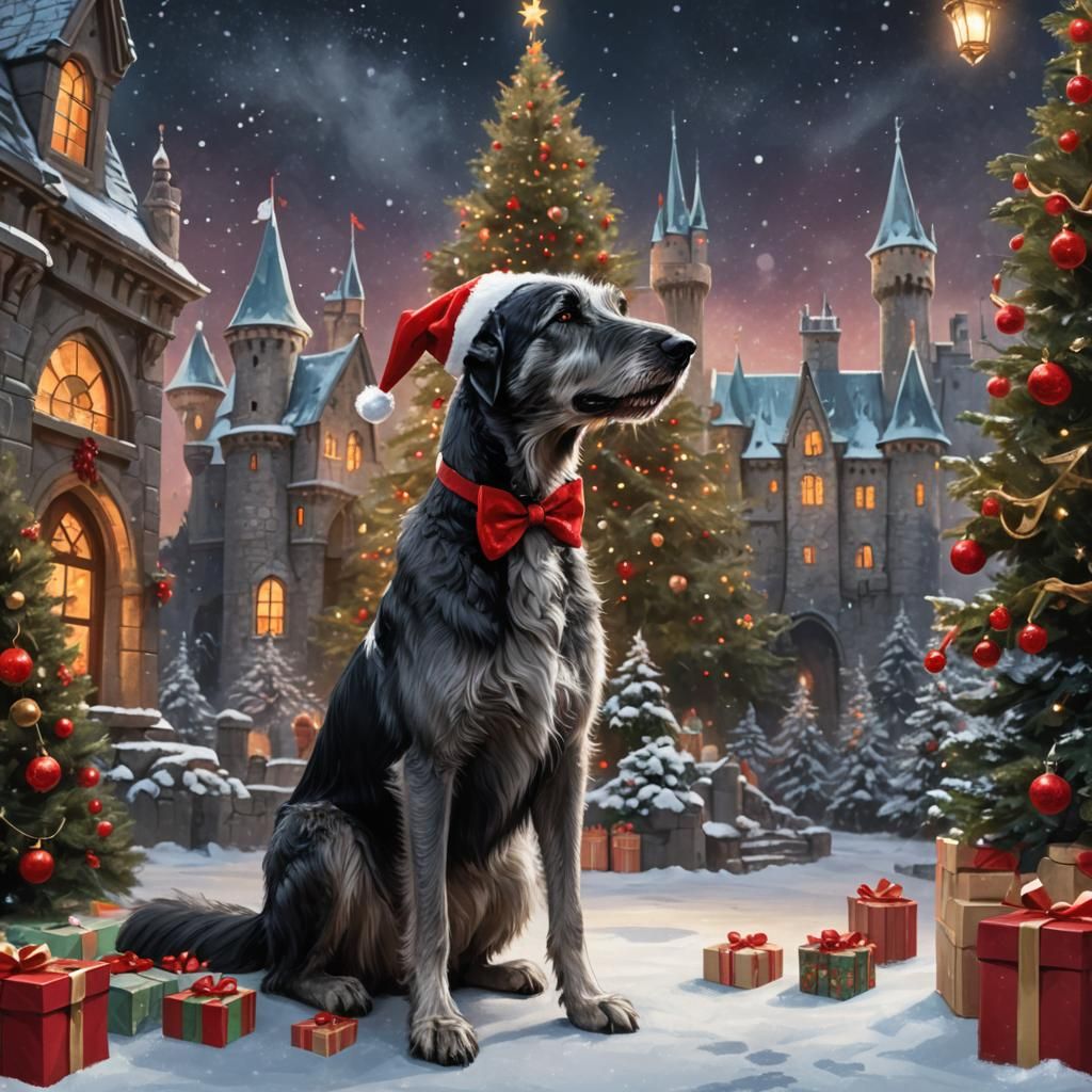 Festive Irish Wolfhound at Magic Castle, Fantasy Art