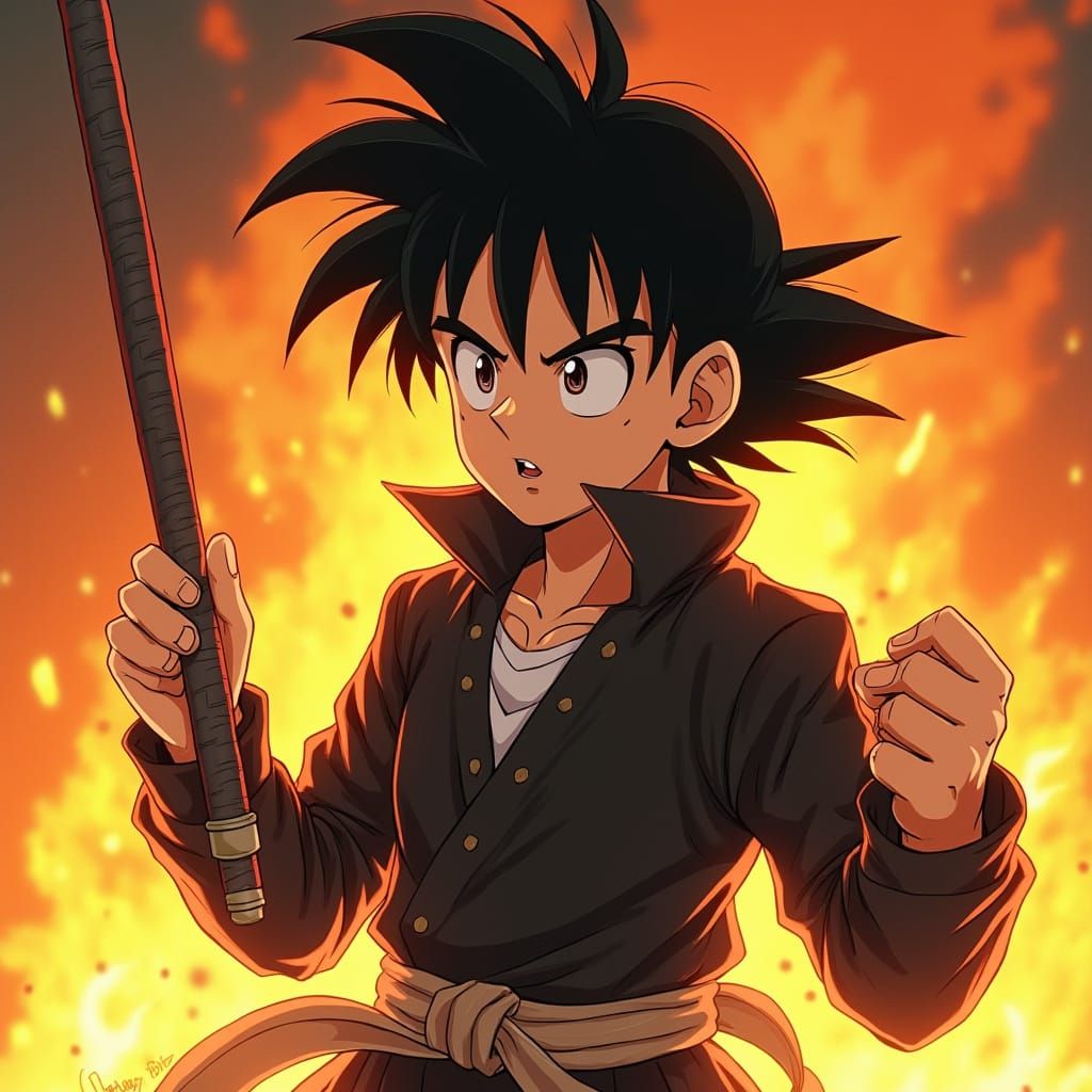 Fierce Anime Hero in Blazing Fire Digital Art