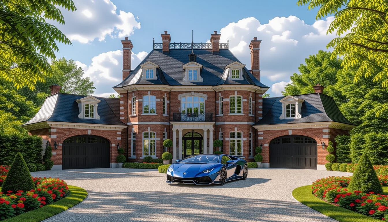 Victorian Chateau with Lamborghini in Summer Garden