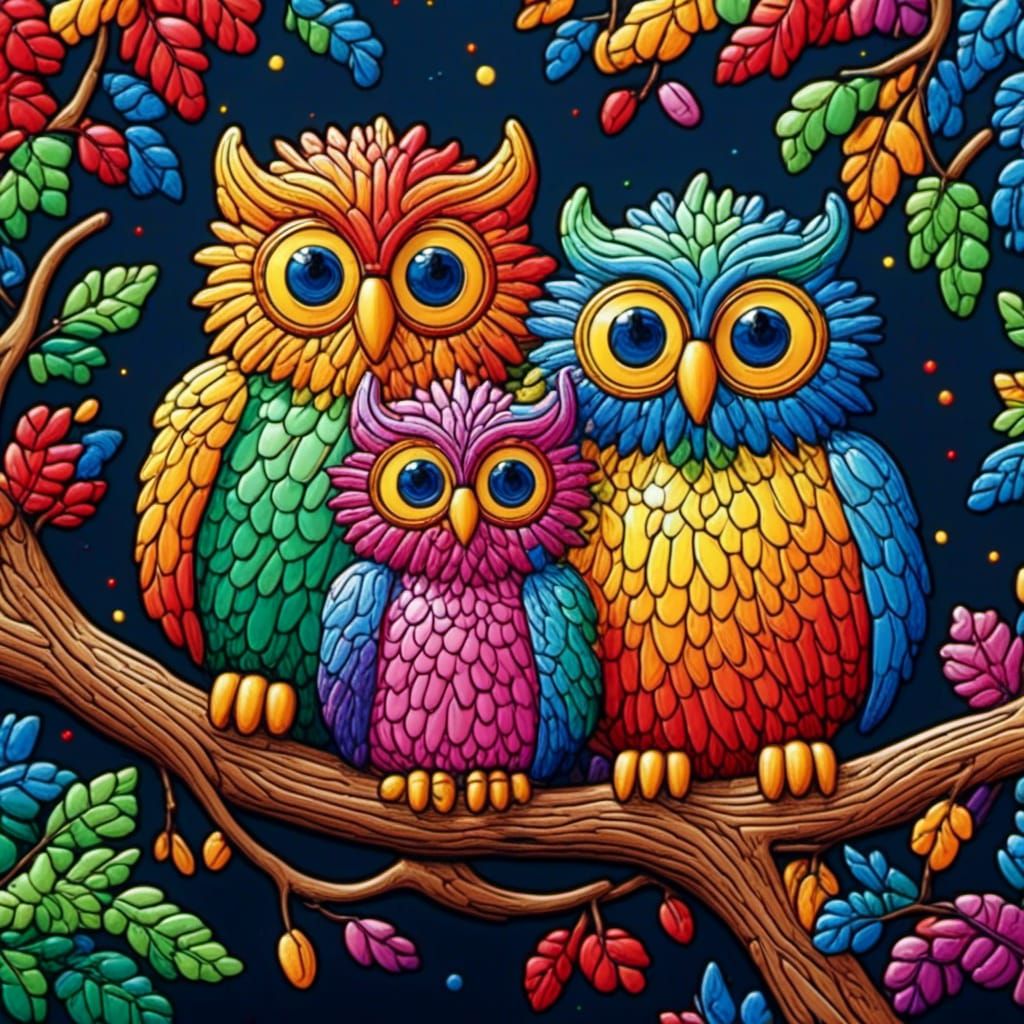 Colorful Fluffy Owls on Branch in Haring 3D Style