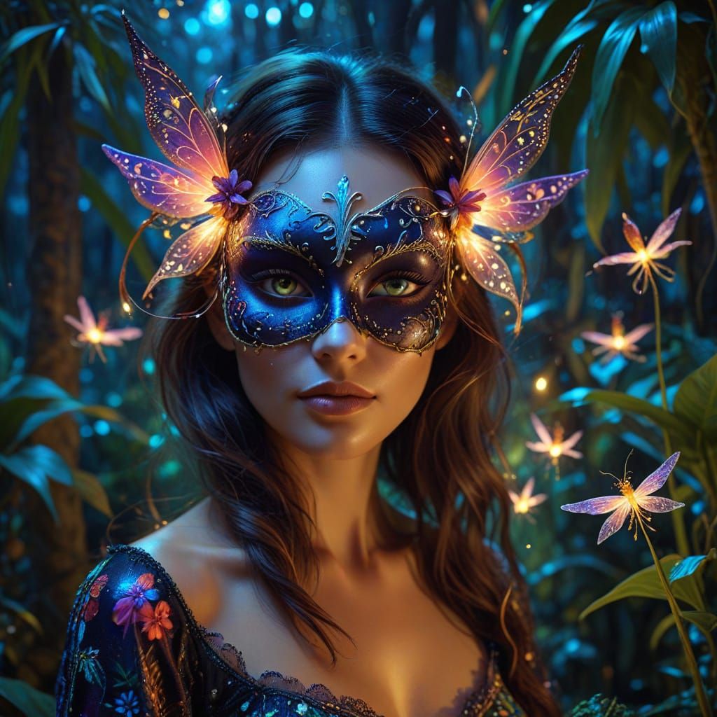 Bewitched Mask in Tropical Night: Whimsical Fantasy Art