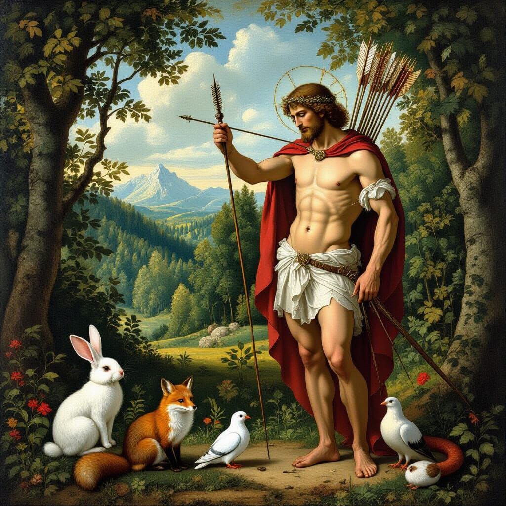 Saint Sebastian With Animals in Renaissance Fresco Style