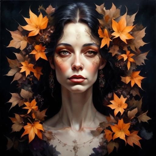 Fantasy Woman Portrait with Autumn Leaves in Watercolor