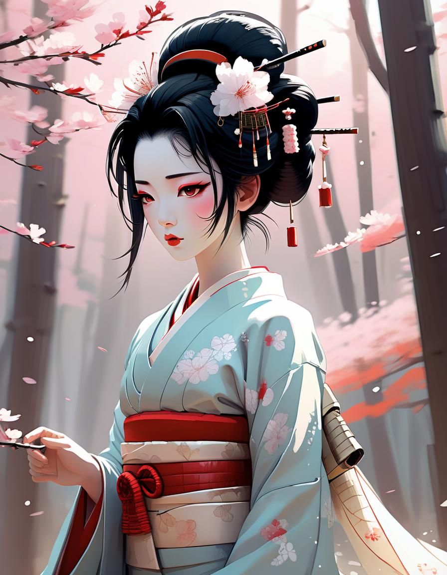 Geisha in Sakura Forest: 2.5D Anime Portrait