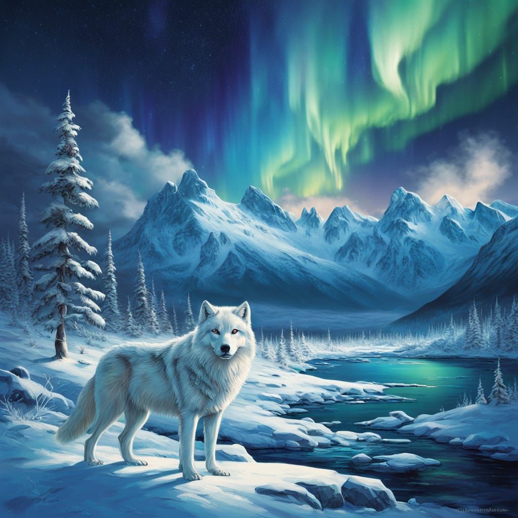 White Wolf Under Northern Lights: Acrylic Painting