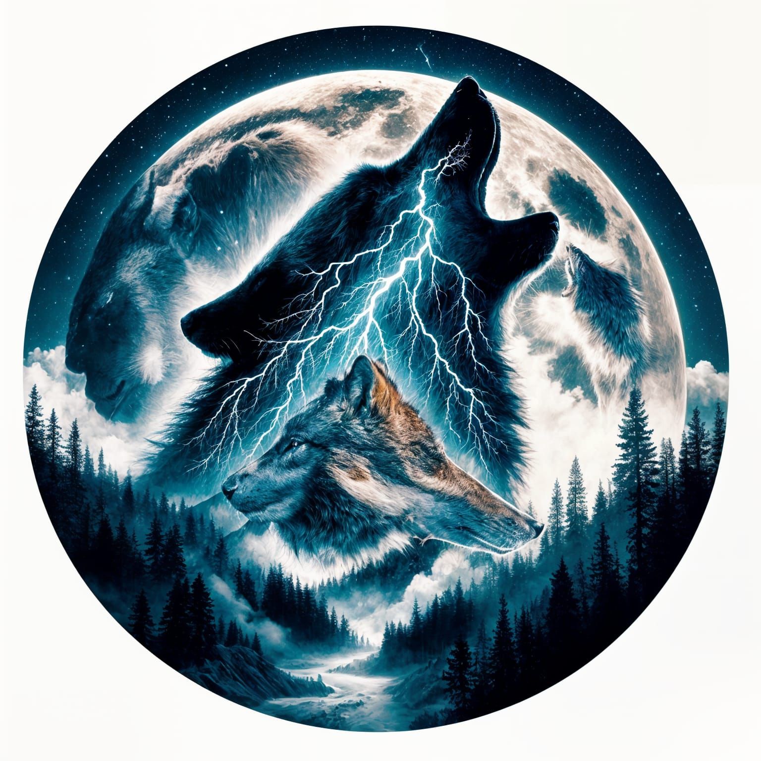 Wolf Howling at Moon Double Exposure Photograph