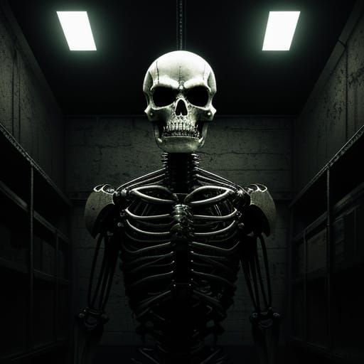 Dark Fantasy Endoskeleton in Creepy Storage Room