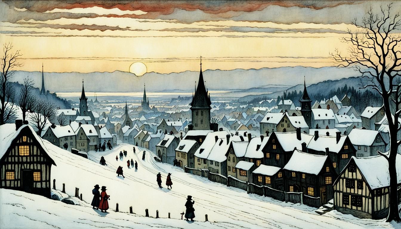 Winter Town Inspired by Rackham, Friedrich, Klee