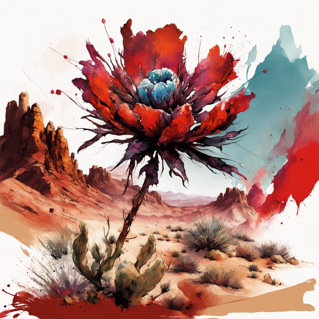 Desert Flower Blooms in Red Mesa Landscape with Ink Splashes