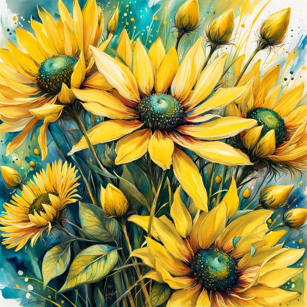 Yellow Summer Bouquet in Art Brut Style