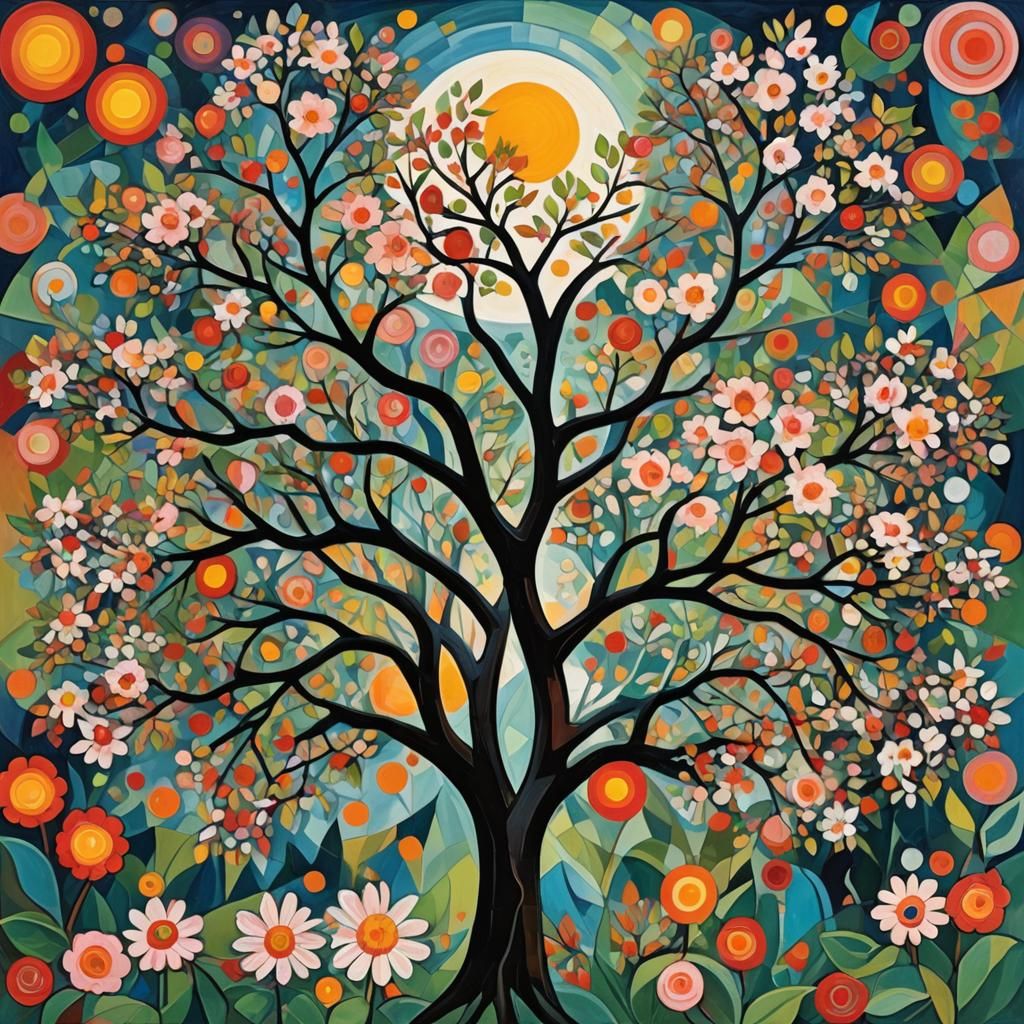 Blossom Tree Earth Enveloping Moons in Geometric Fauvism
