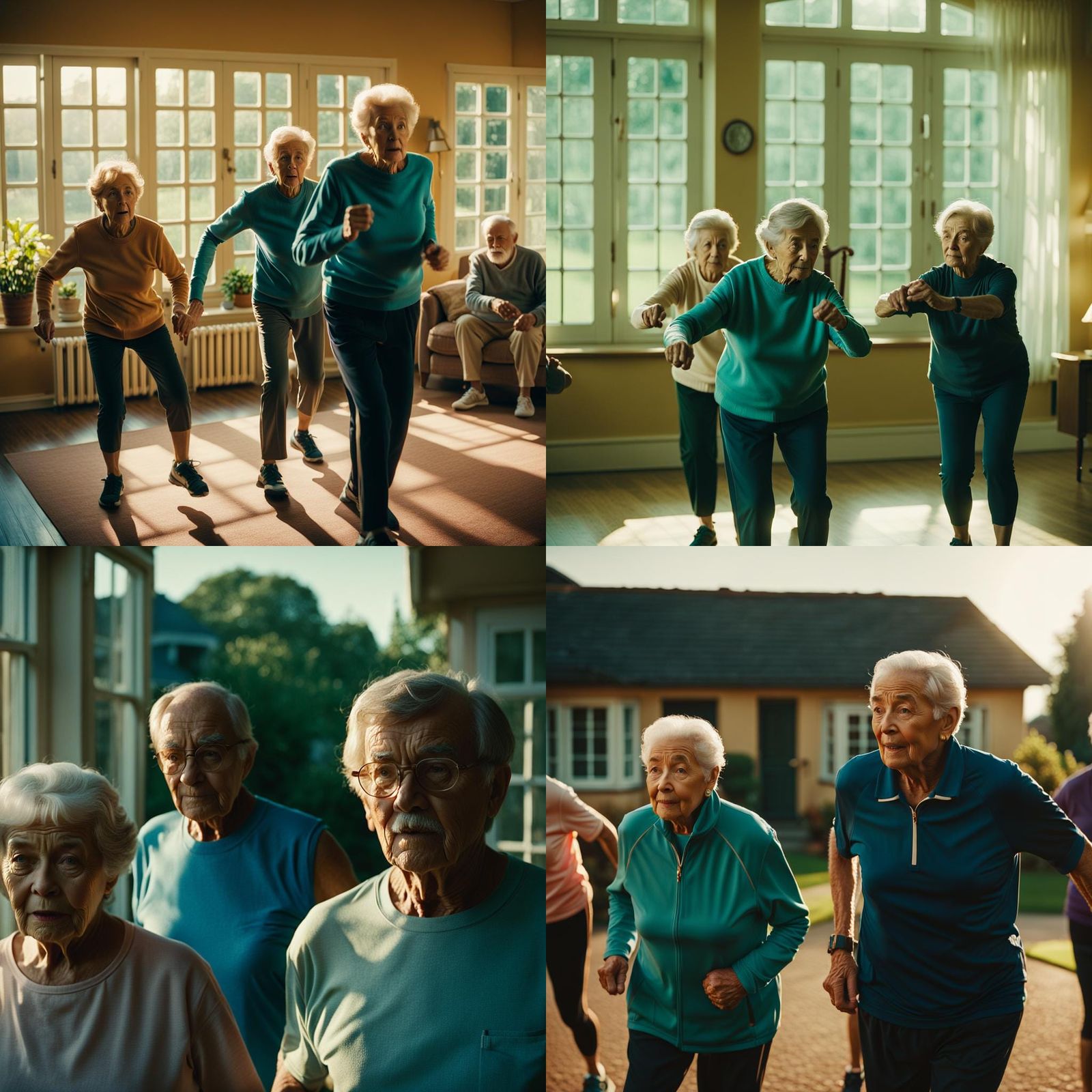 Elderly People Exercising: Cinematic Film Still