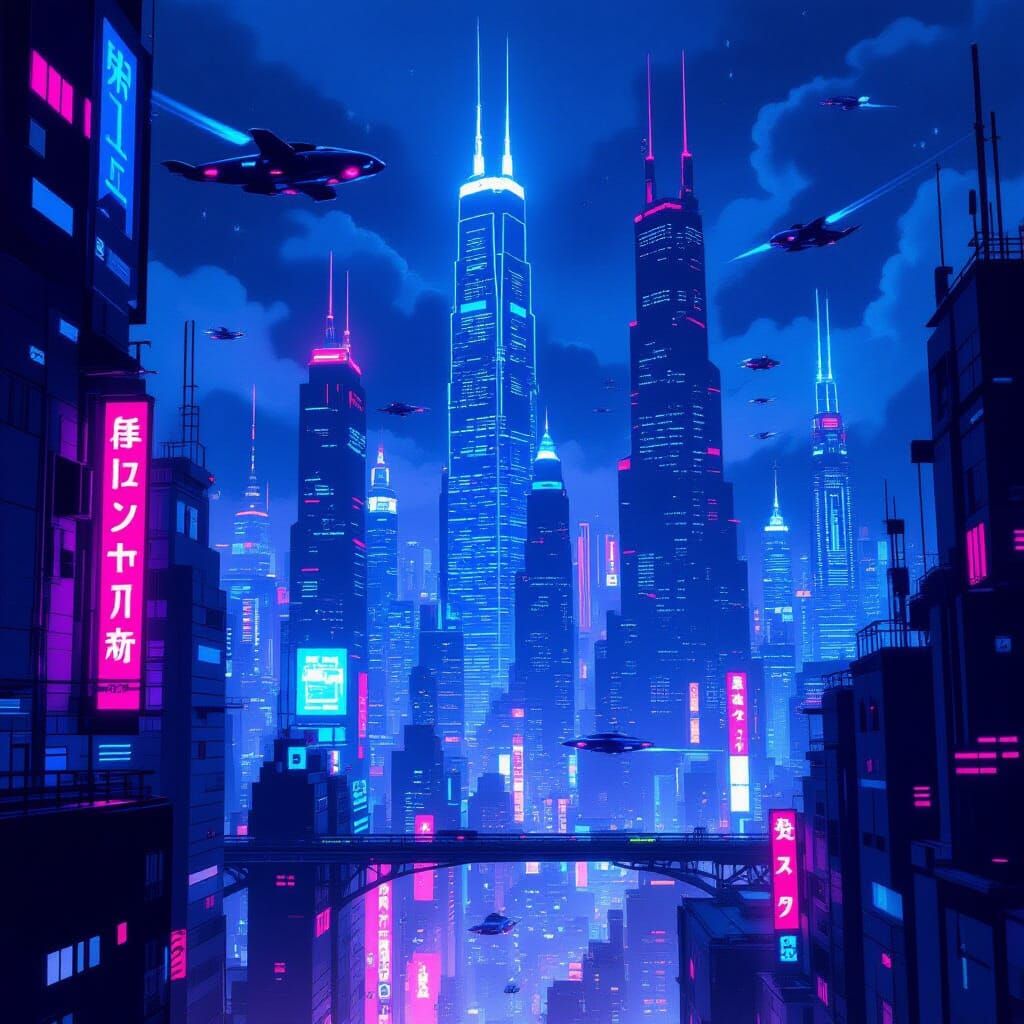 Cyberpunk Cityscape at Night With Neon Lights