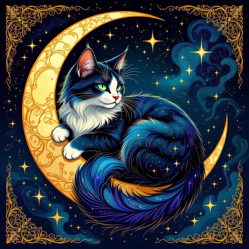 Celestial Cat Art Nouveau Tattoo Design