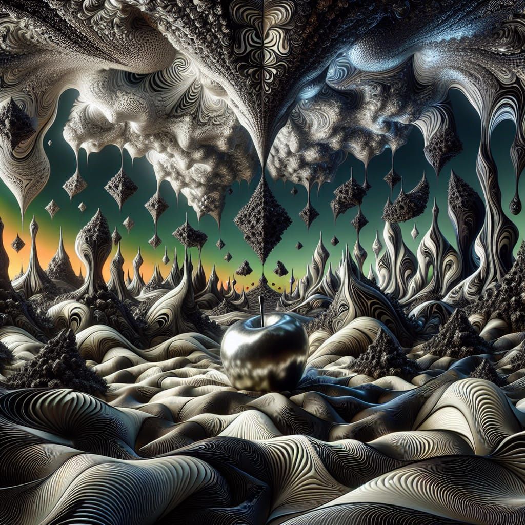 Surreal Landscape with Elastic Flora and Metallic Sky