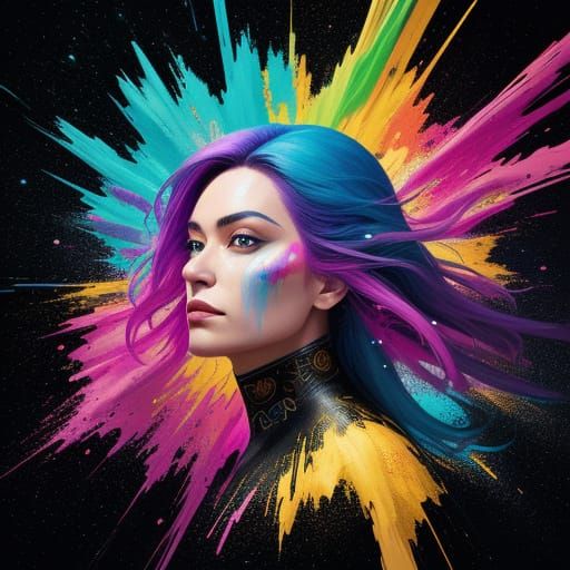 Hyperrealistic Woman in Colorful Abstract Space