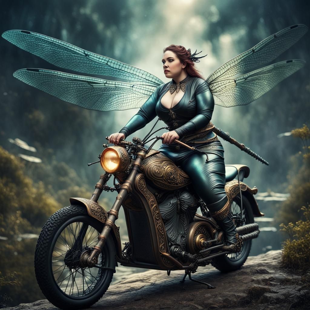 Plus-Size Woman Dragonfly Rider in High Fantasy