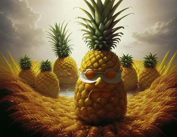 Happy Hippy Psychedelic Pineapple Floating in the River of Barley Beer IV