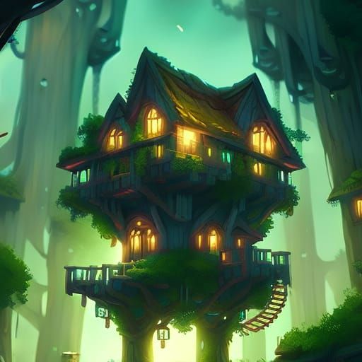 Cozy Treehouse in Lush Forest, Fantasy Concept Art