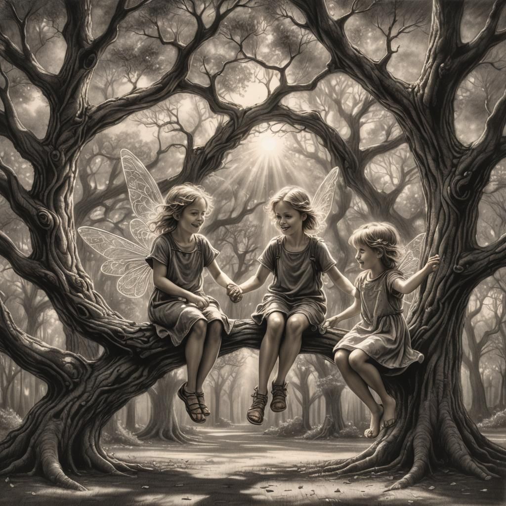 Magical Oak Portal Scene as Charcoal Drawing