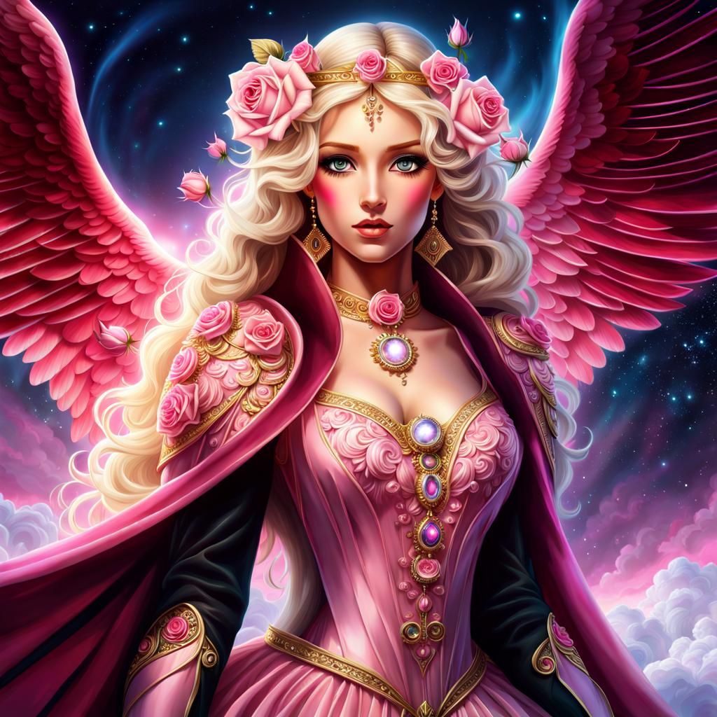 Glowing Pink Angel with Roses, Leonardo da Vinci Style