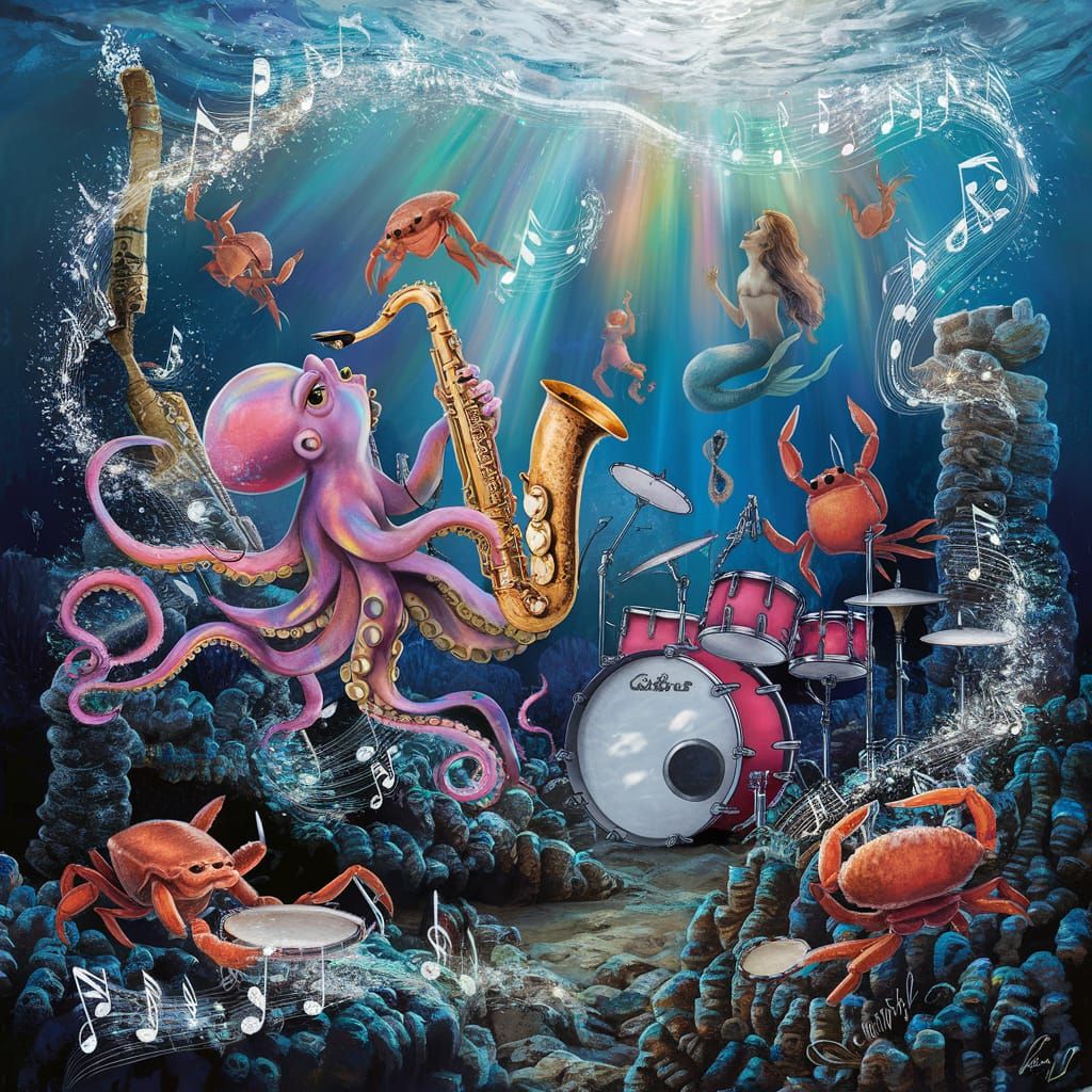 Underwater Jazz Ensemble in Vibrant Splash Art Style
